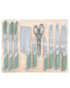 Oster Linbergh 14 Piece Stainless Steel Cutlery and Cutting Board Set is the ultimate addition to any kitchen, blending high performance with elegant design. Crafted from high carbon stainless steel, each knife in this set features serrated edges and stam