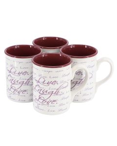 Gibson Home Inspirational Words Live, Laugh, Love 4 Piece 16 Ounce Stoneware Mug Set in Purple